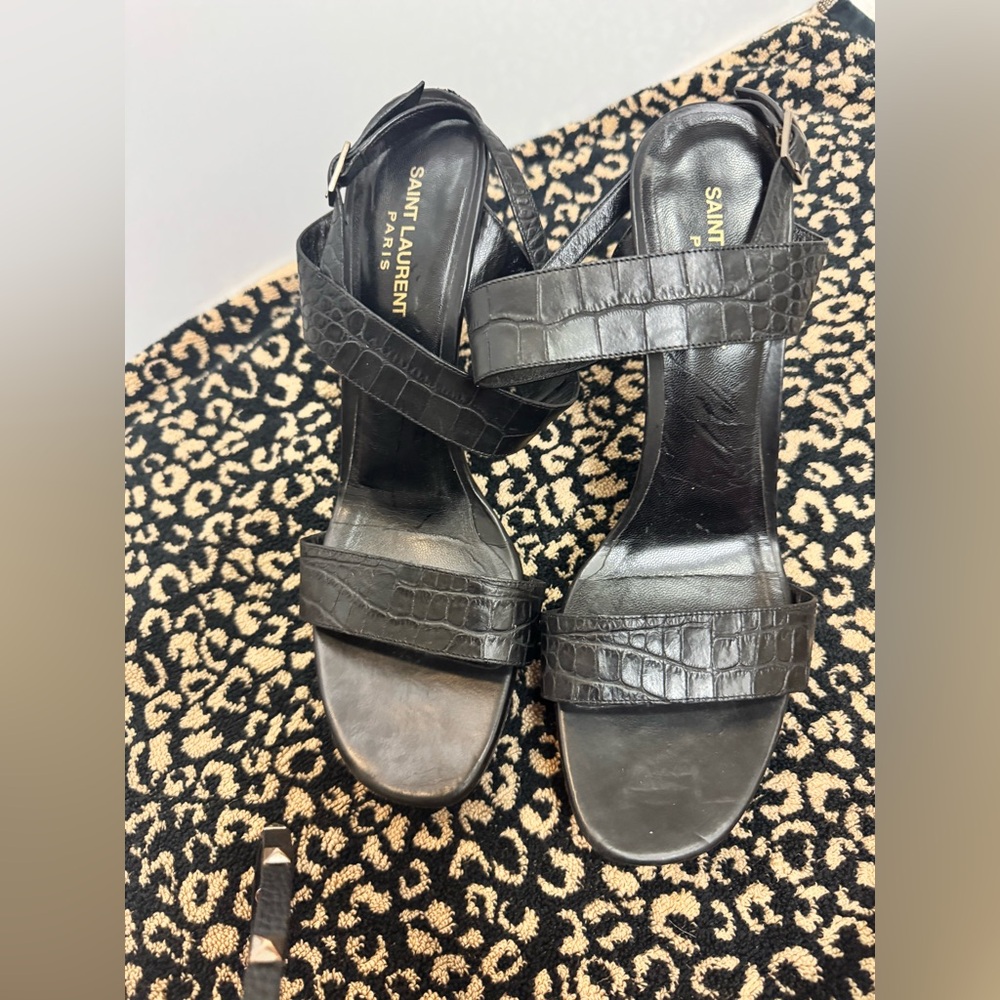Saint Laurent Black Croc-Embossed Sandals